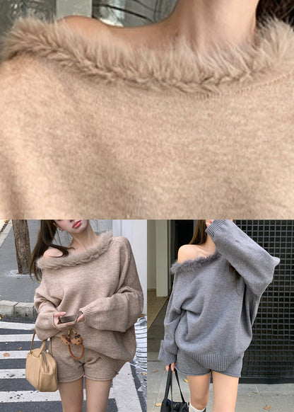 Khaki One Shoulder Cotton Knit Sweaters And Shorts Two Pieces Set Lantern Sleeve