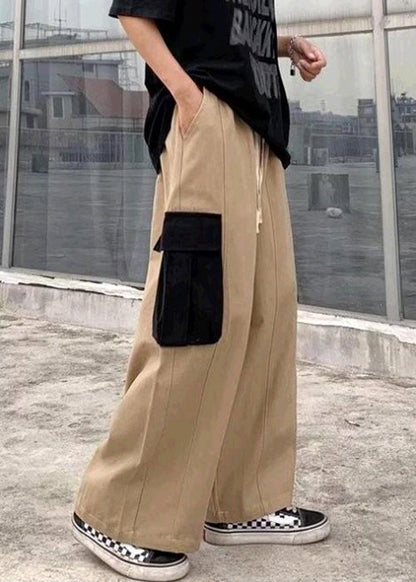 Khaki Original Design Patchwork Cotton Mens Pants Elastic Waist