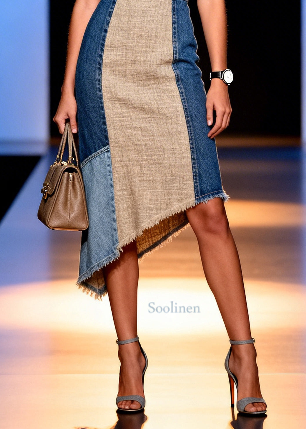 Khaki Patchwork Denim Linen Cami Dress Low High Design Summer