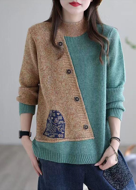 Khaki Patchwork Strickpullover Tops Asymmetrisches Design Applique Winter