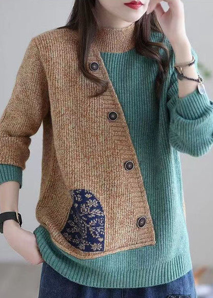Khaki Patchwork Strickpullover Tops Asymmetrisches Design Applique Winter