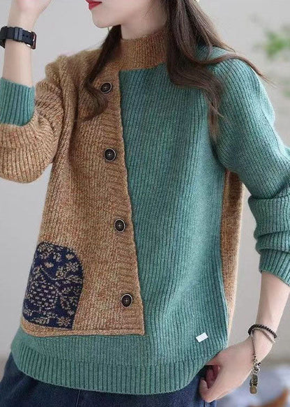 Khaki Patchwork Strickpullover Tops Asymmetrisches Design Applique Winter