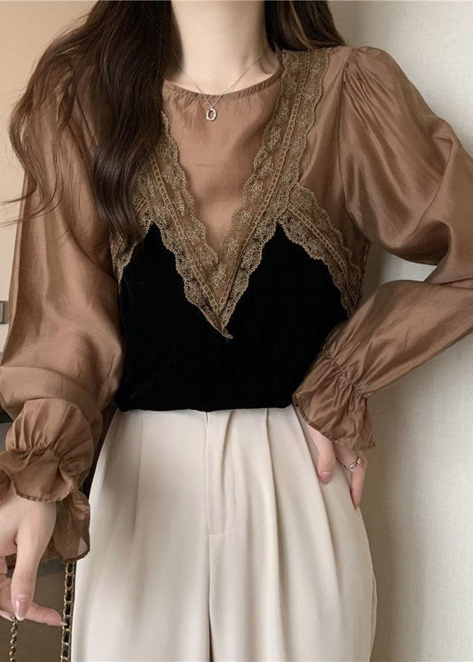 Khakifarbenes Patchwork-Spitzenhemd aus Seidenvelours mit Rundhalsausschnitt und Laternenärmeln