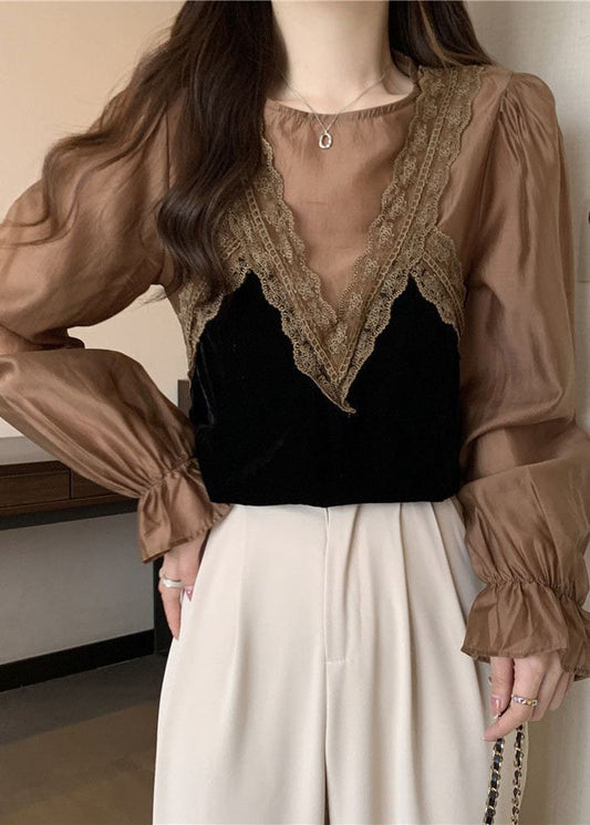 Khakifarbenes Patchwork-Spitzenhemd aus Seidenvelours mit Rundhalsausschnitt und Laternenärmeln