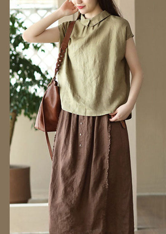 Camisas de lino con patchwork color caqui para usar en ambos lados con botones en verano