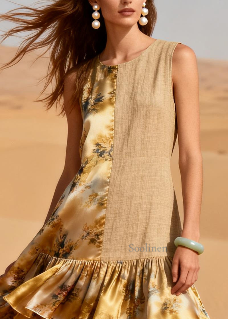 Khaki Patchwork Linen Silk Party Dress Ruffled Asymmetrical Design Summer