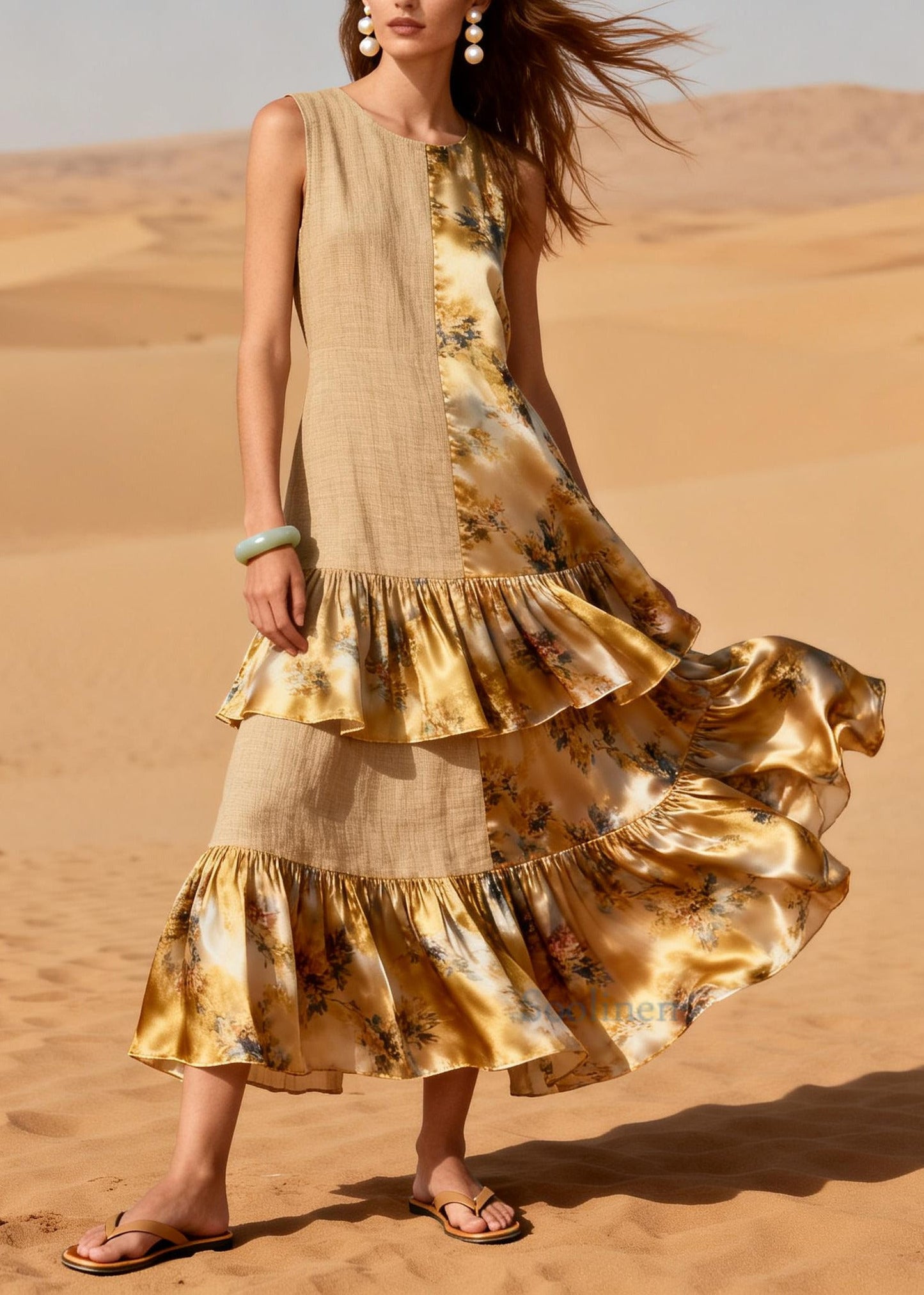 Khaki Patchwork Linen Silk Party Dress Ruffled Asymmetrical Design Summer