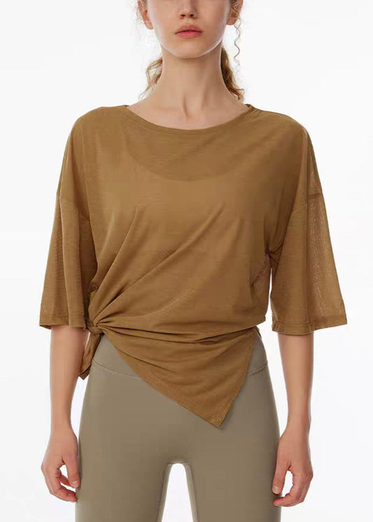 Khaki Patchwork Short Sleeve Smock Yoga Top