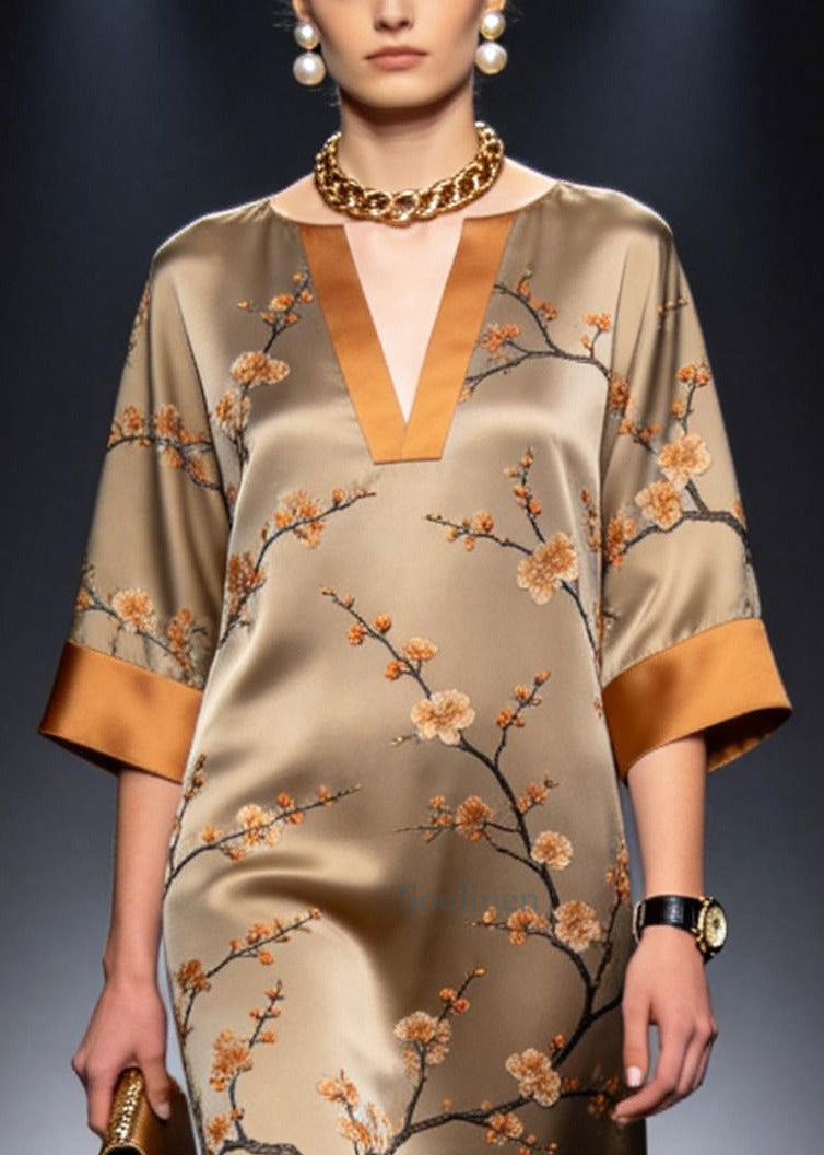 Khaki Patchwork Silk Long Dress Plum Blossom Print Summer