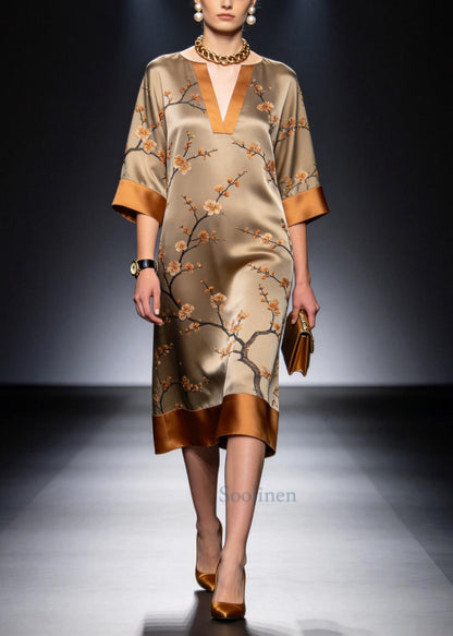 Khaki Patchwork Silk Long Dress Plum Blossom Print Summer