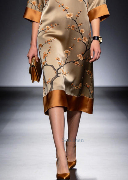 Khaki Patchwork Silk Long Dress Plum Blossom Print Summer