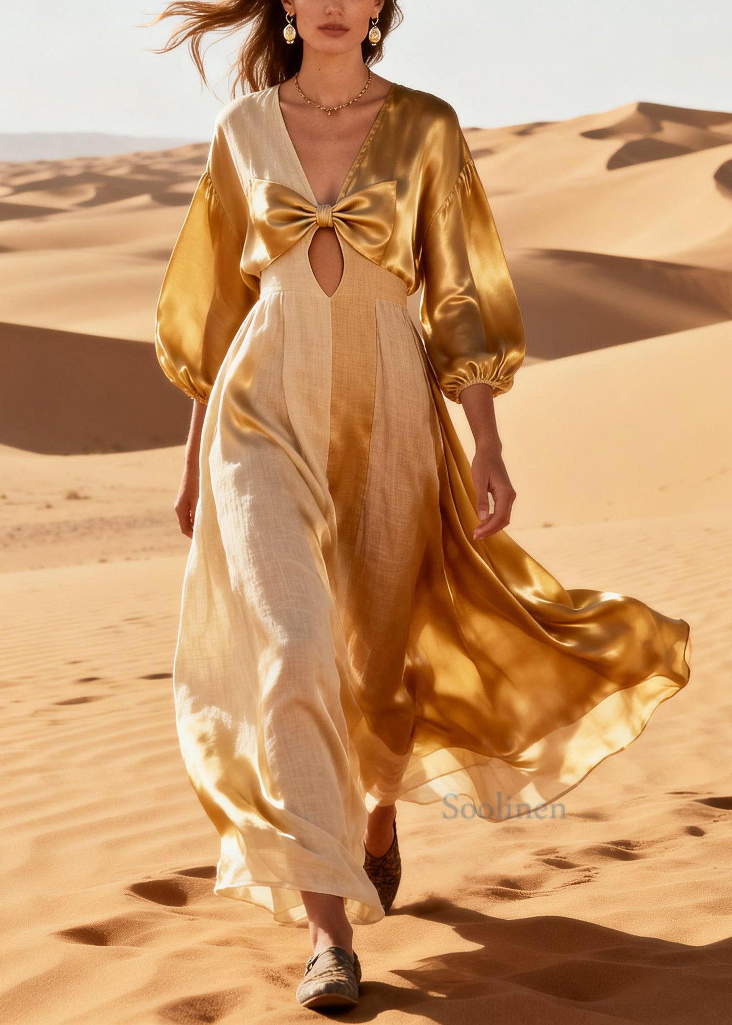 Khaki Patchwork Silk Long Dresses Asymmetrical Hollow Out Summer