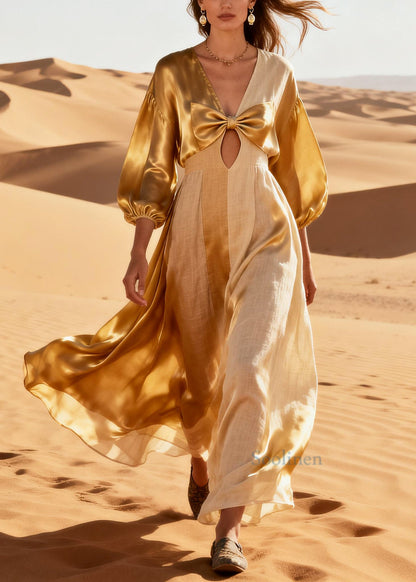 Khaki Patchwork Silk Long Dresses Asymmetrical Hollow Out Summer