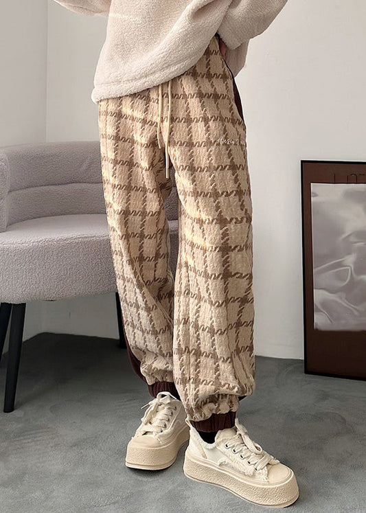 Khaki Plaid Lace Up Patchwork Cotton Men Pants Elastic Waist
