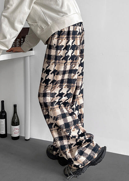 Khaki Plaid Pockets Cotton Men Pants Elastic Waist