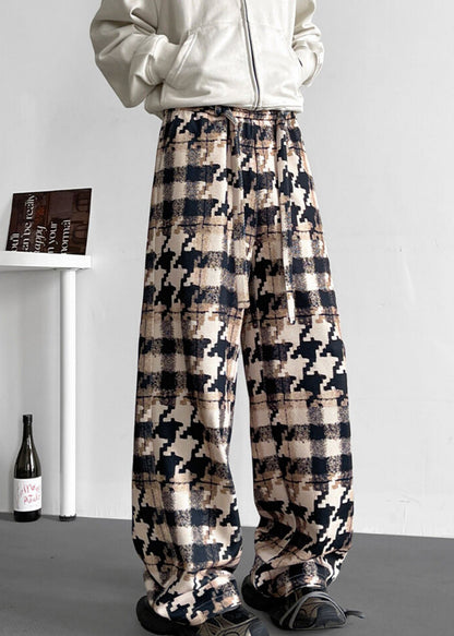 Khaki Plaid Pockets Cotton Men Pants Elastic Waist