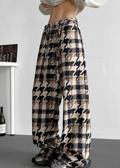 Khaki Plaid Pockets Cotton Men Pants Elastic Waist