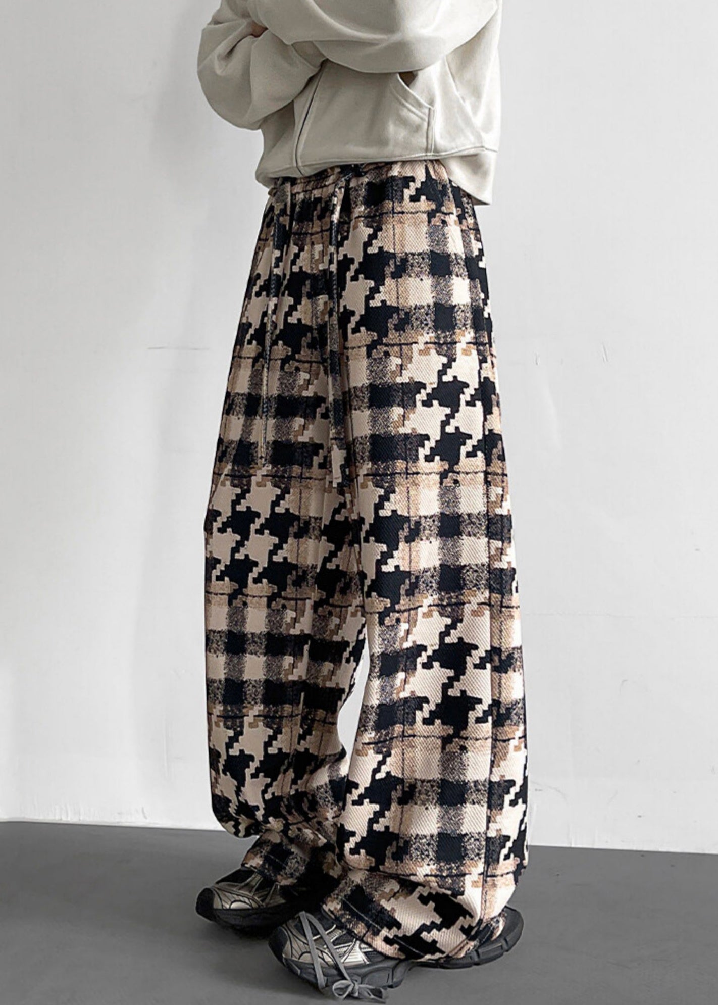 Khaki Plaid Pockets Cotton Men Pants Elastic Waist