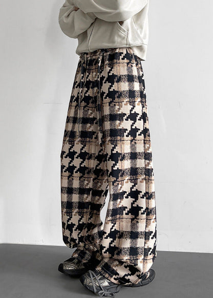 Khaki Plaid Pockets Cotton Men Pants Elastic Waist