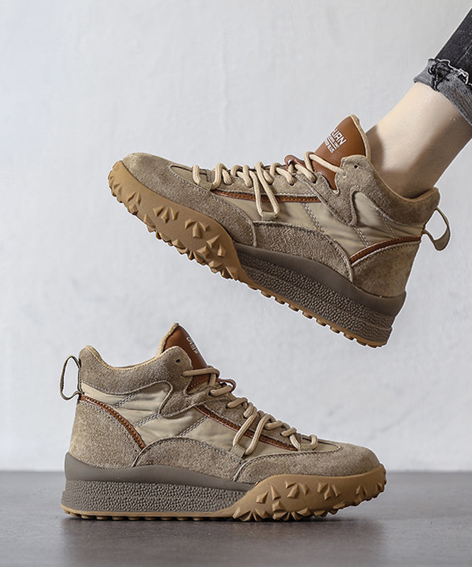 Zapatos planos con plataforma de ante color caqui 2025 con cordones y forro de lana afelpada