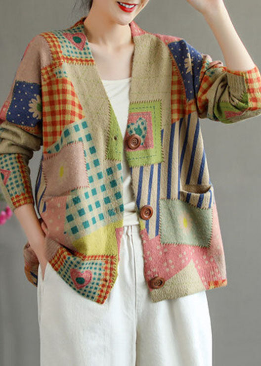 Khaki Print Nerz Haar Strickjacke V-Ausschnitt Frühling