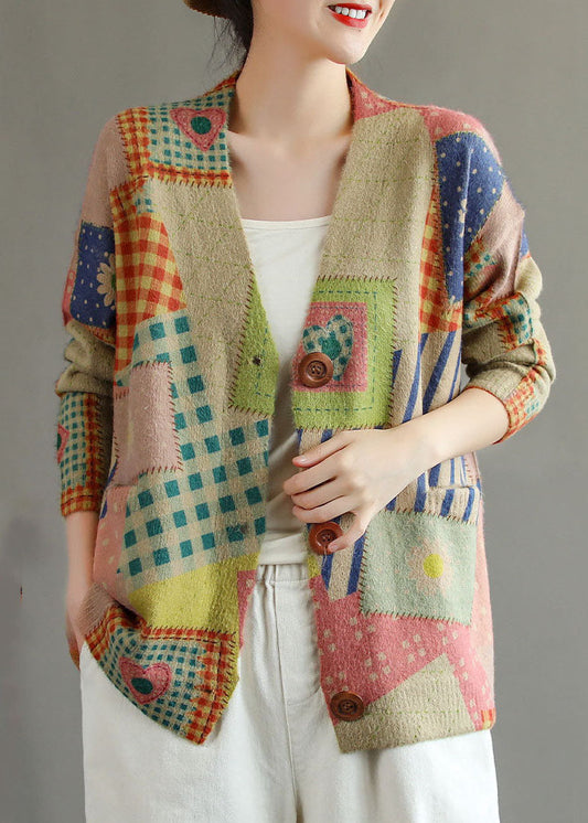 Khaki Print Nerz Haar Strickjacke V-Ausschnitt Frühling