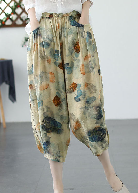 Khaki Print Taschen Patchwork Leinen Crop Pants Cinched Sommer