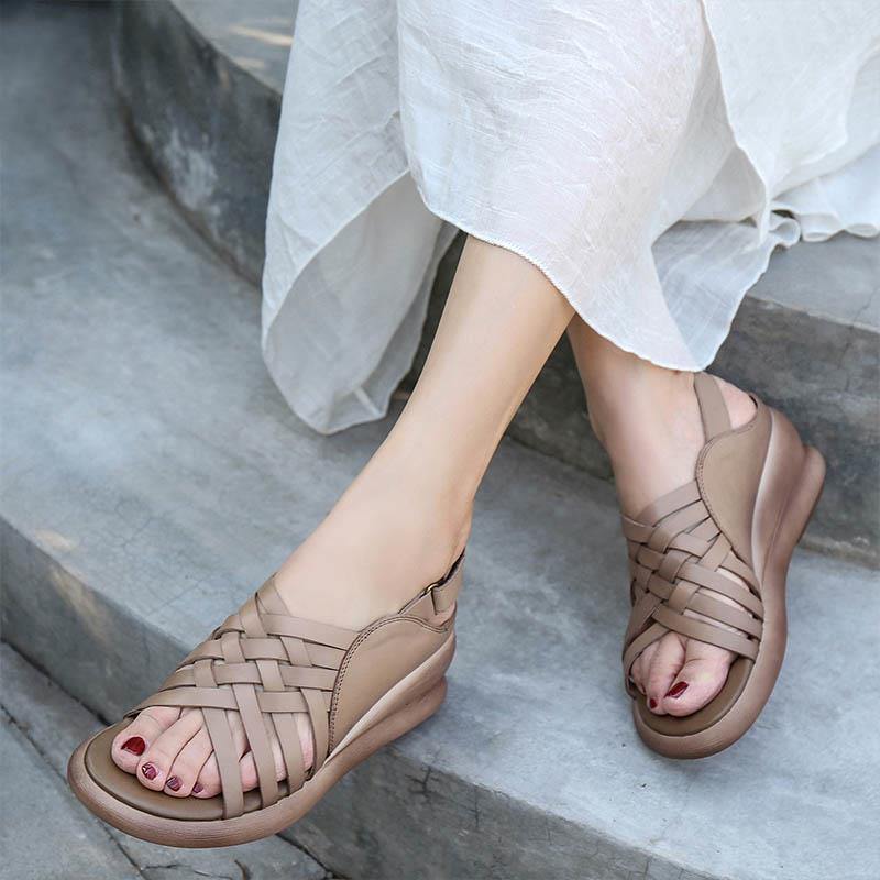 Khaki Sandals Wedge Cowhide Leather Plus Size Sandals - SooLinen