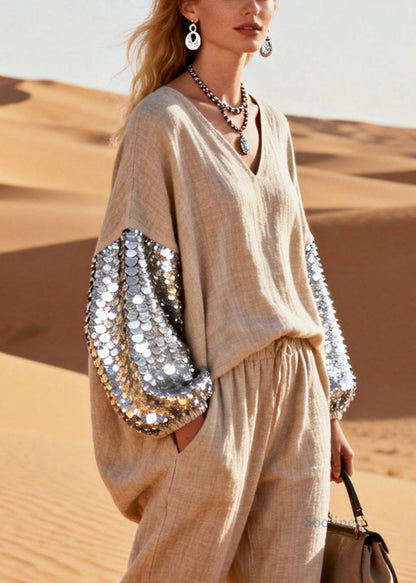 Khaki Sequins Elastic Waist Patchwork Linen Jumpsuits V Neck Spring