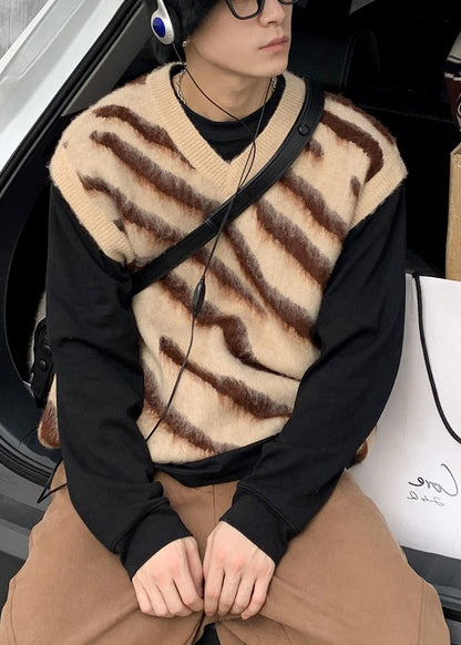 Khaki Striped Cozy Knit Men Vest Casual Clothing V Neck Spring