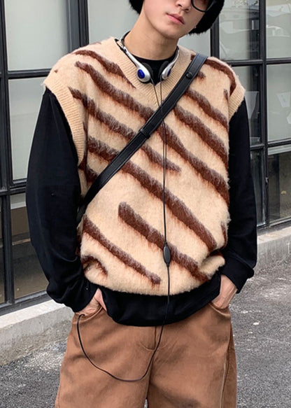 Khaki Striped Cozy Knit Men Vest Casual Clothing V Neck Spring