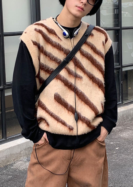 Khaki Striped Cozy Knit Men Vest Casual Clothing V Neck Spring