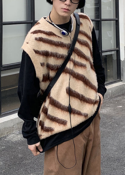 Khaki Striped Cozy Knit Men Vest Casual Clothing V Neck Spring