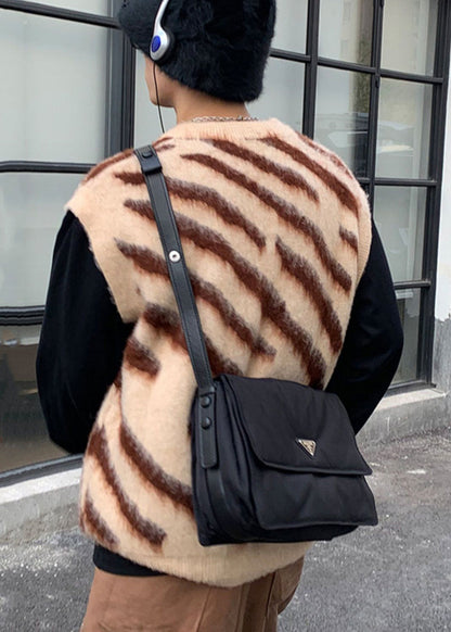 Khaki Striped Cozy Knit Men Vest Casual Clothing V Neck Spring
