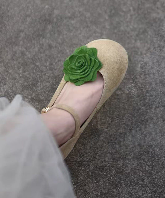 Khaki Suede Flat Shoes For Women Splicing Buckle Strap Floral