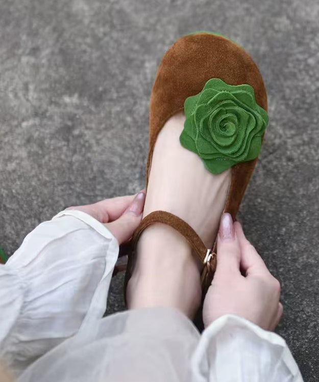 Khaki Suede Flat Shoes For Women Splicing Buckle Strap Floral