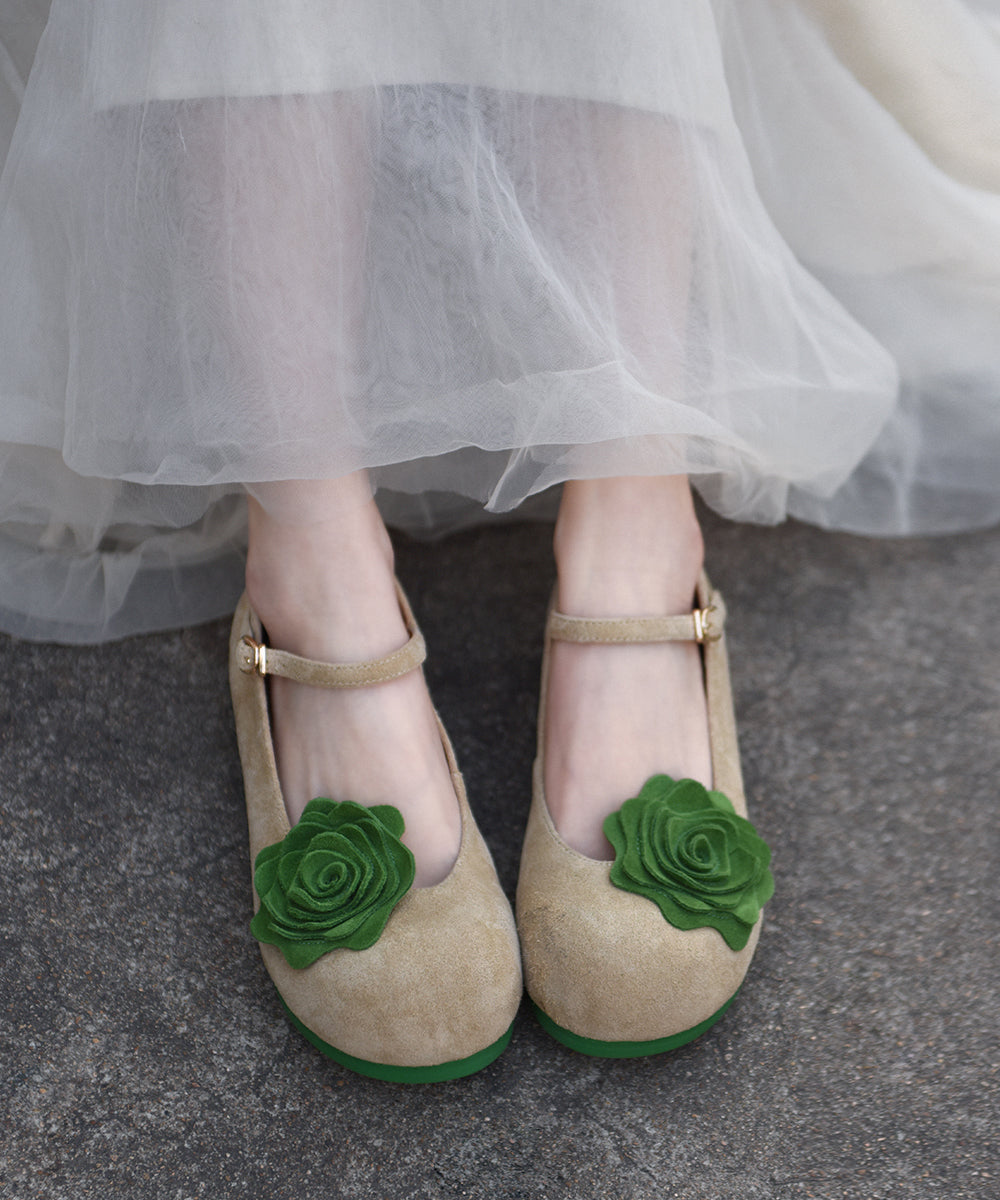 Khaki Suede Flat Shoes For Women Splicing Buckle Strap Floral