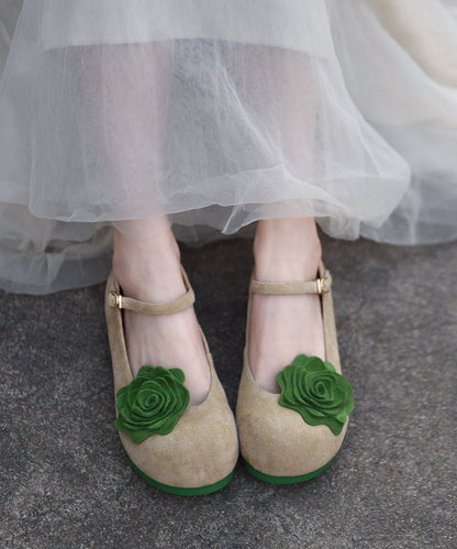Khaki Suede Flat Shoes For Women Splicing Buckle Strap Floral
