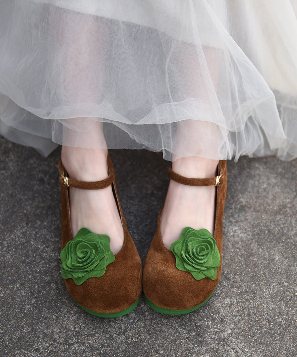 Khaki Suede Flat Shoes For Women Splicing Buckle Strap Floral
