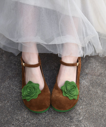 Khaki Suede Flat Shoes For Women Splicing Buckle Strap Floral