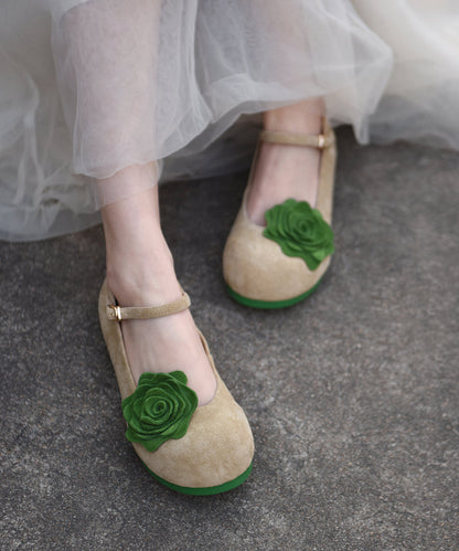 Khaki Suede Flat Shoes For Women Splicing Buckle Strap Floral