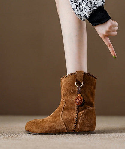 Khakifarbene Wildleder-Keilstiefel im Boho-Stil