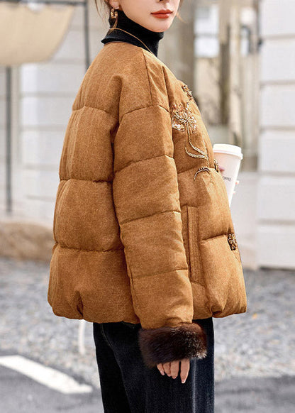 Khakifarbener, dicker Daunenmantel mit Stickerei, Winter