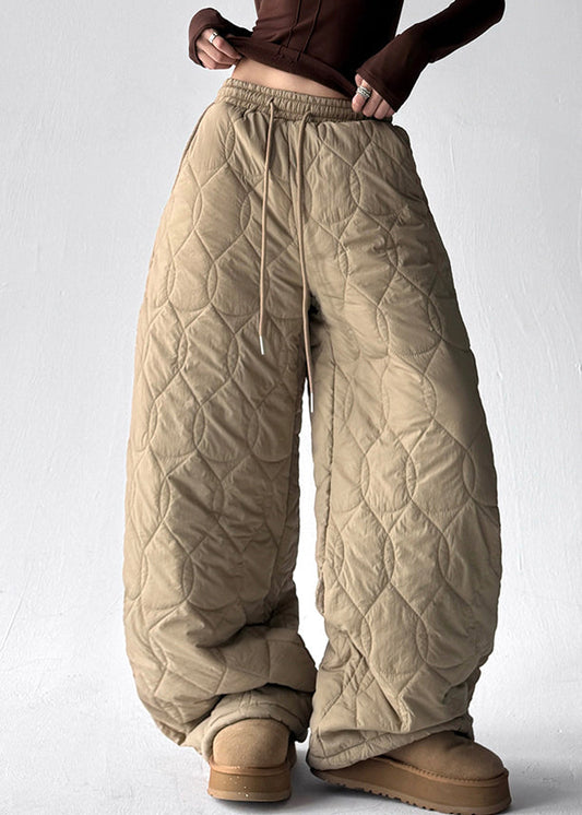 Pantalones anchos de algodón con cintura elástica gruesa y bolsillos color caqui