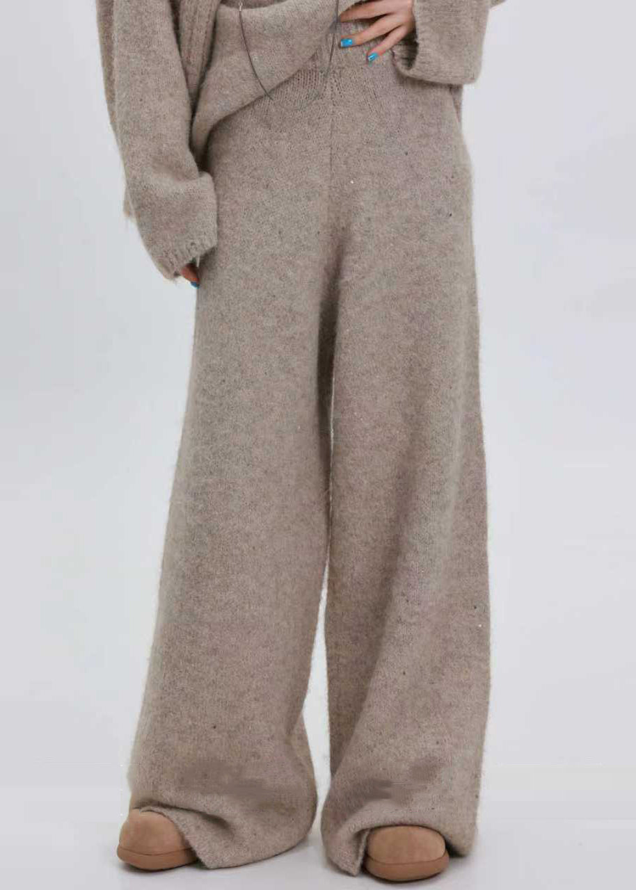 Khakifarbenes, warmes, kuscheliges zweiteiliges Strickset mit Pailletten für den Winter