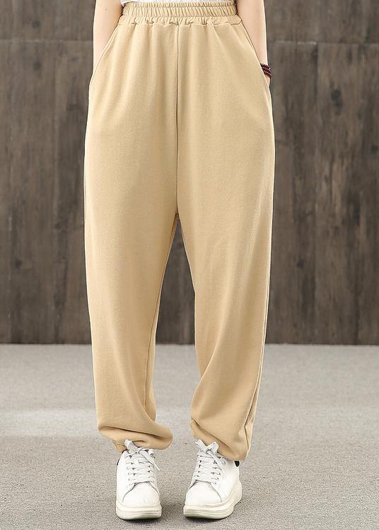 Khaki pockets decoration elastic waist casual pants loose harem pants - SooLinen