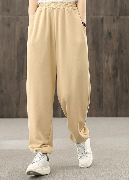 Khaki pockets decoration elastic waist casual pants loose harem pants - SooLinen
