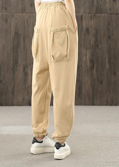Khaki pockets decoration elastic waist casual pants loose harem pants - SooLinen