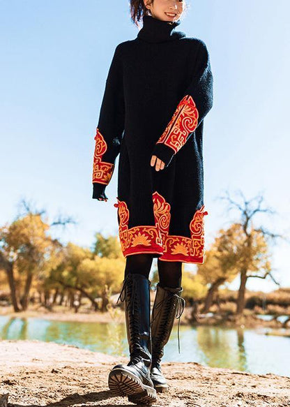 Knitted black Sweater Wardrobes Vintage embroidery oversized high neck knit dress - SooLinen