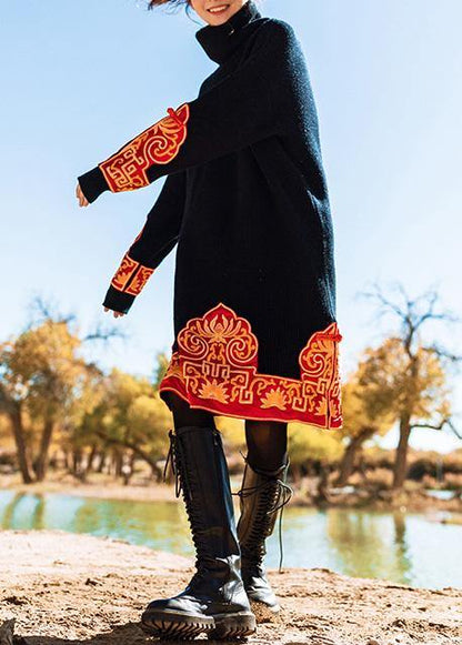 Knitted black Sweater Wardrobes Vintage embroidery oversized high neck knit dress - SooLinen